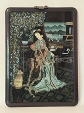 Vintage Chinese Reverse Glass Painting Lady Geisha w/ Cat Framed 17 x 23”