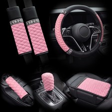 Crystal Pu Leather Steering Wheel Cover Bling Car Accessories Set 6pcs