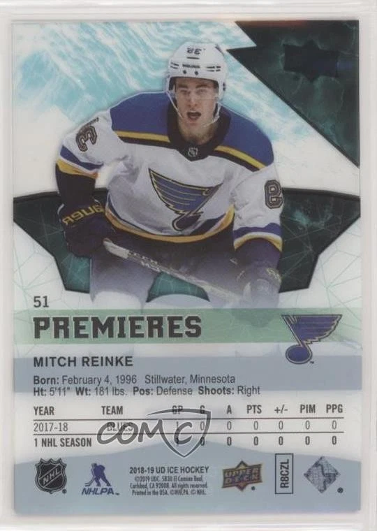 2018-19 Upper Deck Ice Premieres /1299 Level 5 Mitch Reinke #51 Rookie RC - Image 2 of 2