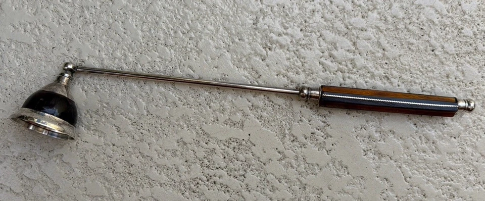 Vintage Candle Snuffer Ornate Silver Plate & Wood Black Horn Inlays 12” Handle - Image 3 of 3