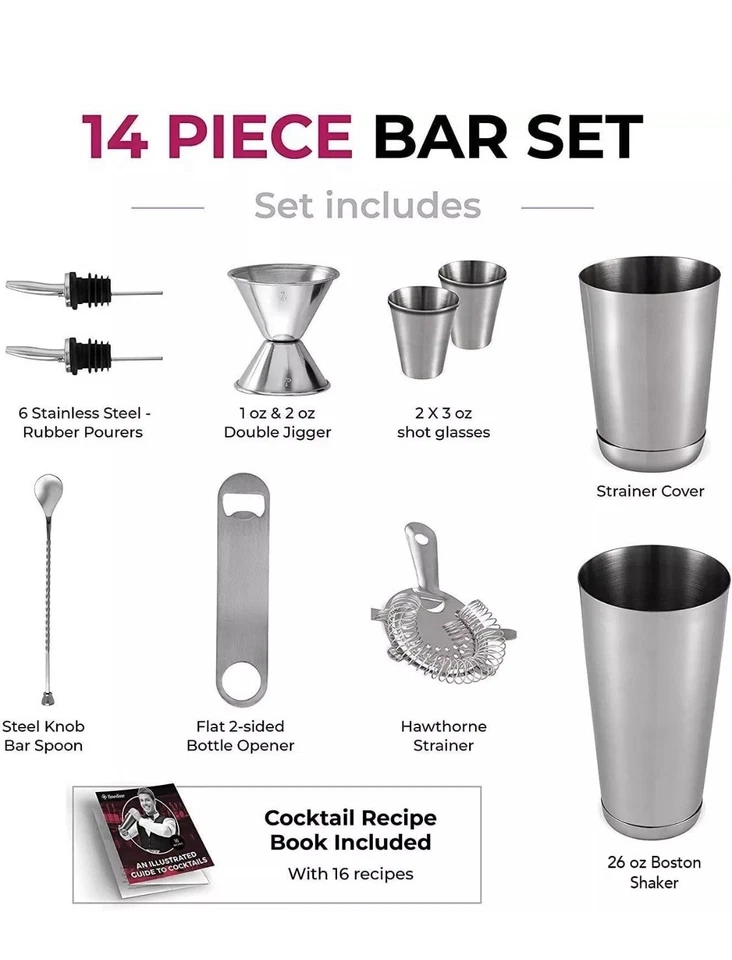 FineDine Expert Coctelera Hogar Bar Set - Kit de Barra de Acero Inoxidable de 14 Piezas Foto 2 de 4