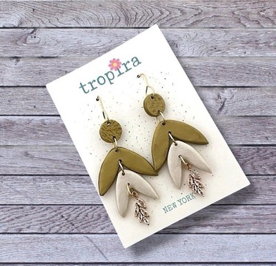 Artisan Textured Sparkly CZ Leaf Drop Polymer Clay Earrings
