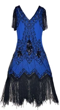 Babeyond Dress Women L Blue Black Beaded Sequin Sheer V Neck New Year Flapper