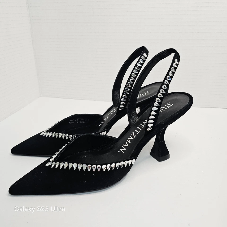 NWOB STUART WEITZMAN Black Swarovski Gemcut XCURVE 100 Slingback Pump Size 6B  - Image 4 of 4