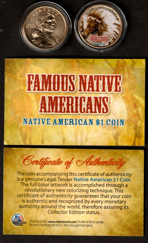 Red Cloud Colorized Sacagawea $1 Coin  Native American Chiefs Painted Dollar