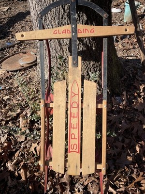 VINTAGE 40''L GLADDING SPEEDY Wood Snow Sled Toboggan, RED Metal Rails Rope Steer