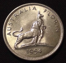 1954 australia florin au bu uncirculated royal visit elizabeth silver type coin