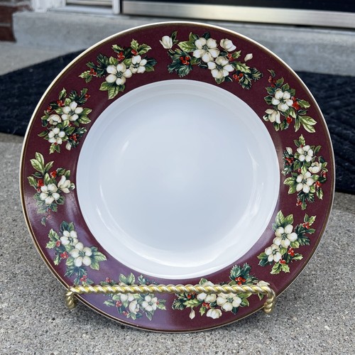 Set of 4 Sakura SPLENDOR Burgundy 8" Soup Bowls Holly Rims Holiday Christmas - Picture 11 of 12