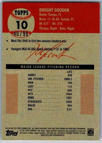 Topps 2022 cromo platino aniversario refractor onda verde/99 Dwight Gooden - Imagen 2 de 2