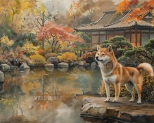 Shiba Inu 8x10 Stampa Opaca Relax in Giardino Zen