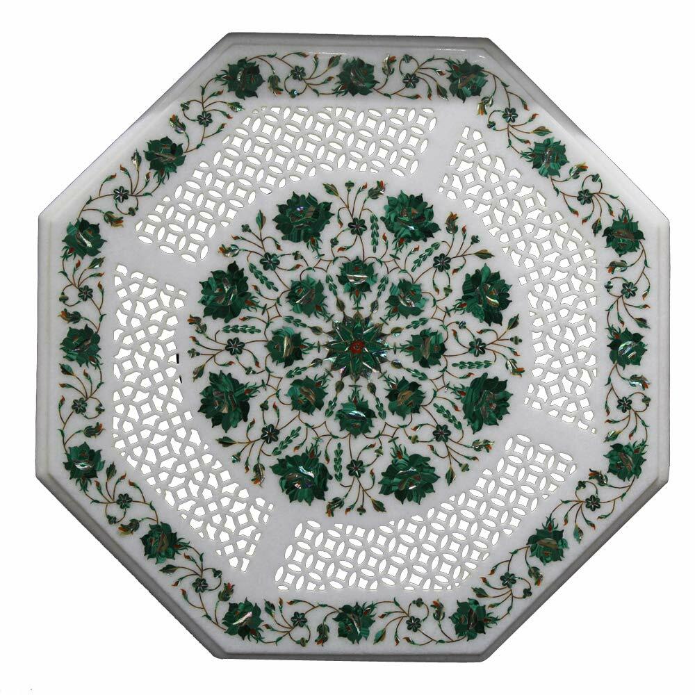 24-inch Malachite Floral Inlay Marble Table Top with Semi-Precious Stone Artwork