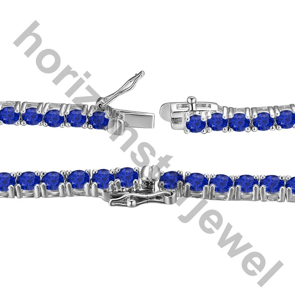 22" Tennis 5 MM Necklace 55 Ct Round Cut Blue Sapphire 14K White Gold Plated - Image 3 of 4