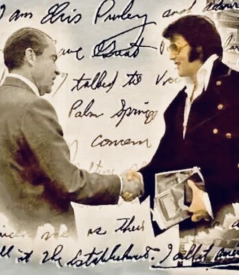 RARE ELVIS PRESLEY Meets PRESIDENT RICHARD NIXON T-Shirt - Medium - New - Blue