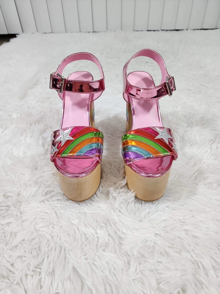 SUGAR THRILLZ Holographic Rainbow Platform Sandals Slingback Heels