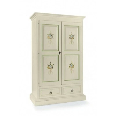 Armoire Ante Battants Blanc Décoré Fleurs Shabby Chic 2 Ante 2 Tiroirs Pièce - Photo 1/4