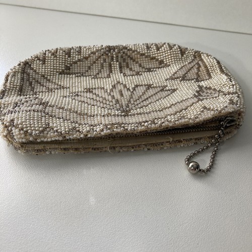 Vtg 30s Czechoslovakia Beaded Ivory Mini Coin Bag Purse Zipper Close Tan Brown - Picture 11 of 17