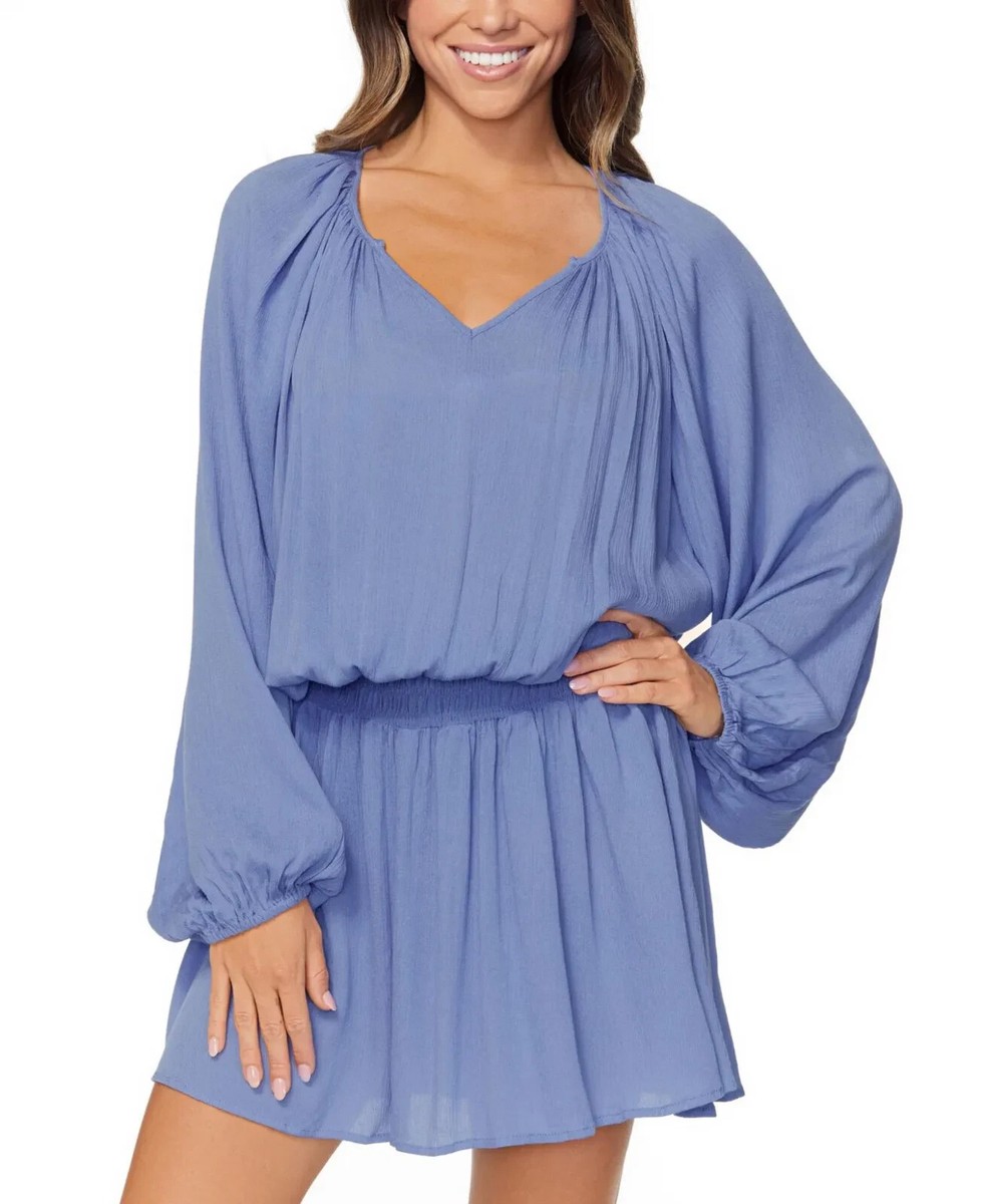 Raisins Women's Blue Long Sleeve Ruched Waist Blouson Dress Cover Up Size  XL | eBay