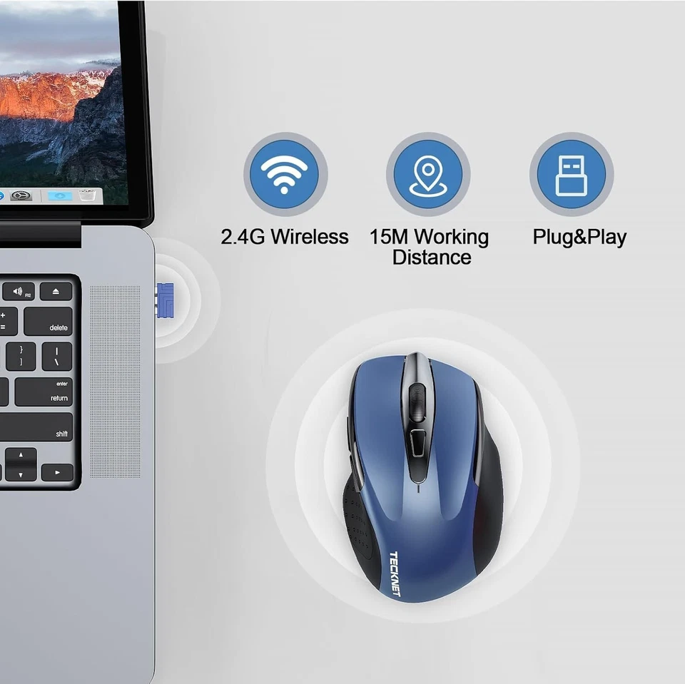 无线鼠标,2.4G 静音鼠标,6 可调 4800 DPI,6 按钮,Ergo-蓝色 — 第 2/4 张图片