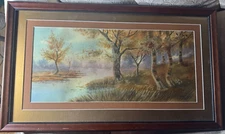 Felix Genet "A River Landscape Scene" Watercolor Painting - Signed And Framed