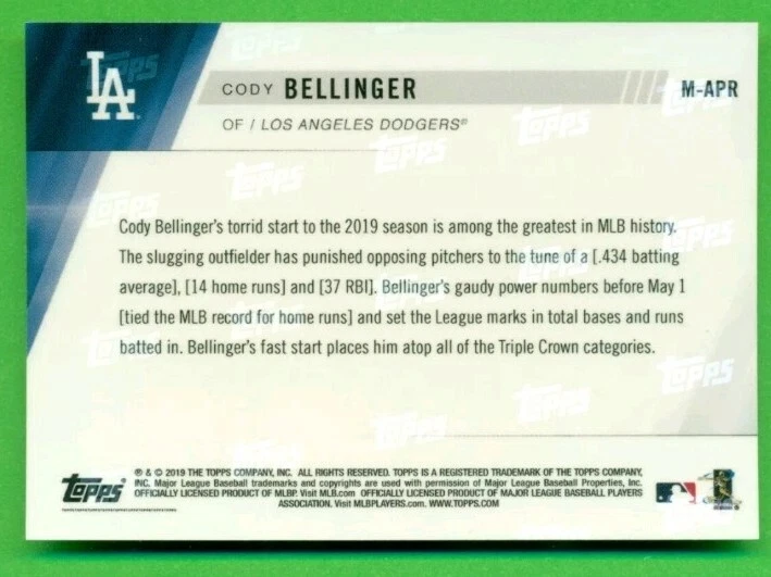 2019 TOPPS NOW MLB APRIL CARD OF THE MONTH #M-APR CODY BELLINGER HISTORIC START! - Image 2 of 4