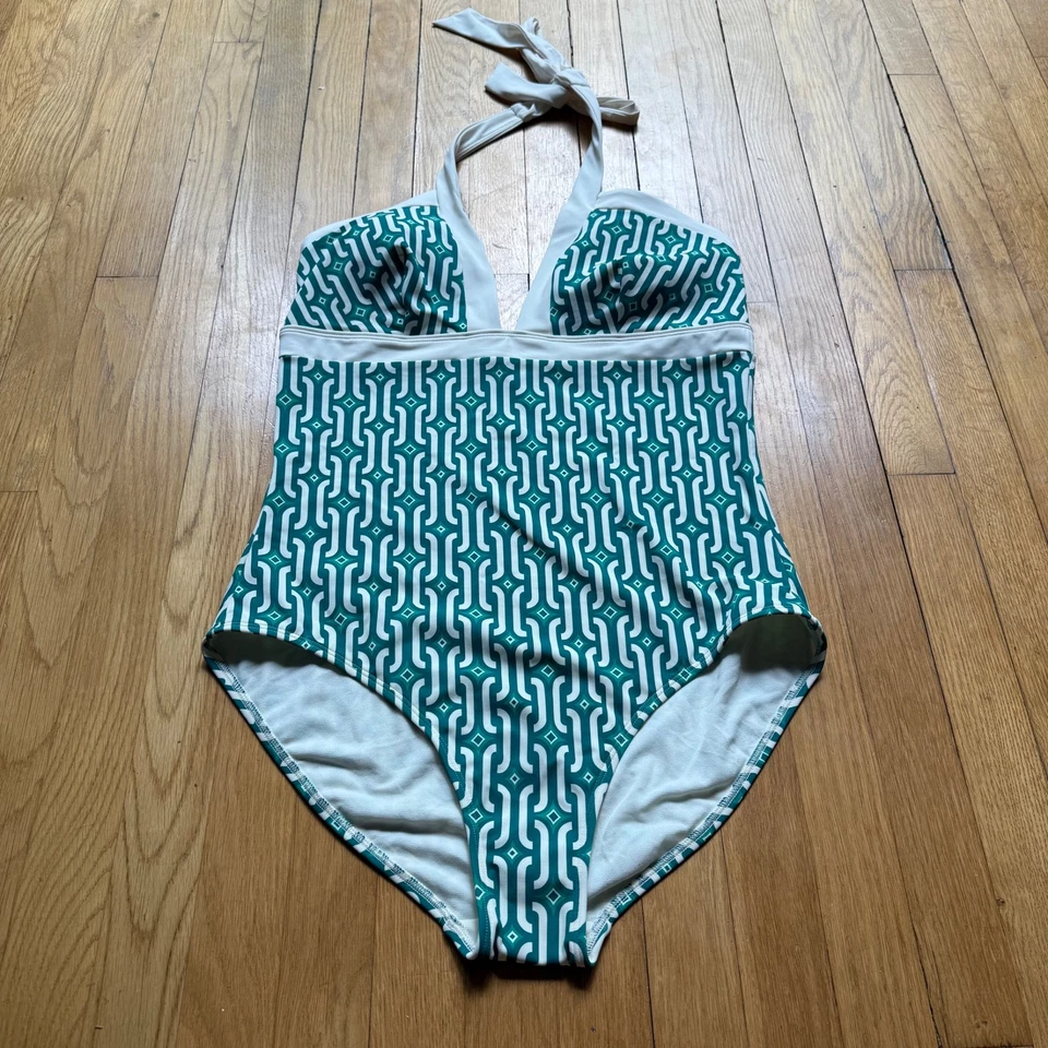 Traje de baño Boden talla 14L verde y blanco geométrico cuello halter de una pieza Foto 2 de 4
