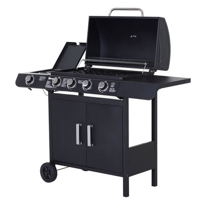 4-Brenner Gasgrill mit Seitenbrenner, Aufbewahrung & Rollen - Schwarz Stahl