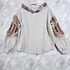 Easel Oversized Crochet Sleeves Patch Terry Pullover Hoodie in Beige Size L