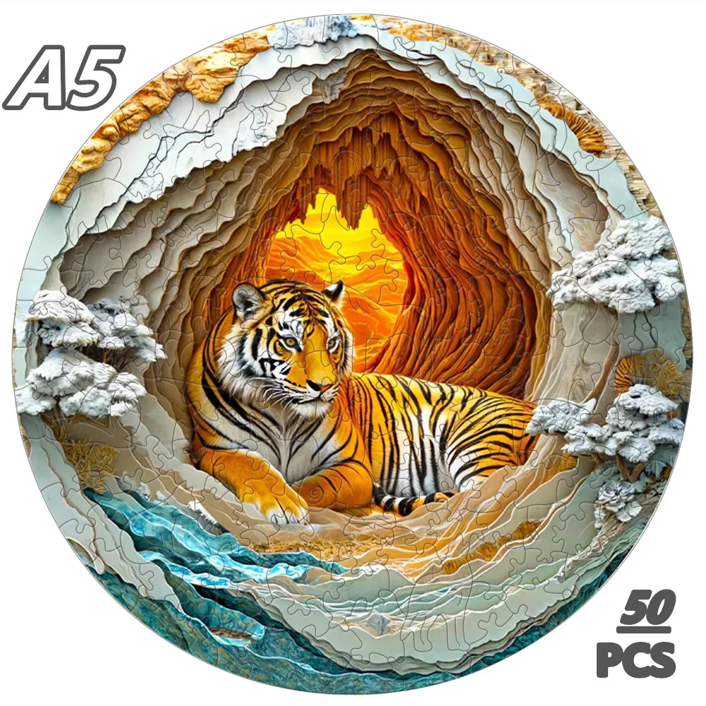 3D Vision Tiger Wooden Puzzle – Colorful Unique Animal Shape for Adults and Kids