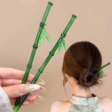 2Pcs Green Bamboo Leaf Hair Stick Pin Resin Chinese Hair Sticks for Buns