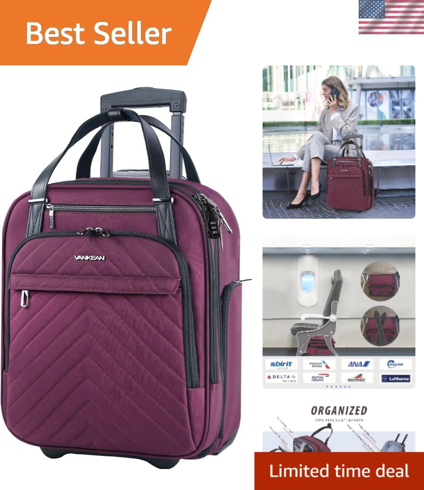 16-Inch Underseat Suitcase with TSA Lock & Water-Resistant Fabric - Burgundy
