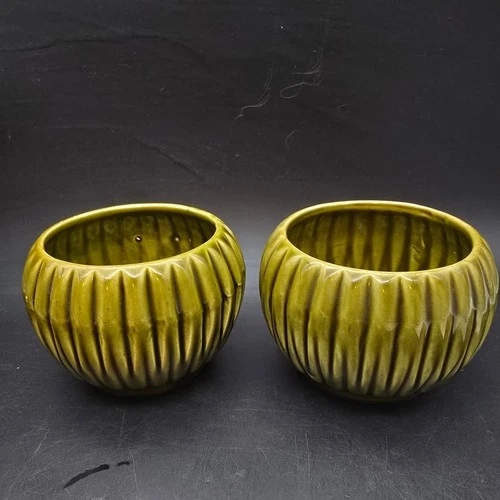 McCoy Avocado Green Ribbed Ball Planters Pair of Two Vintage USA Pottery