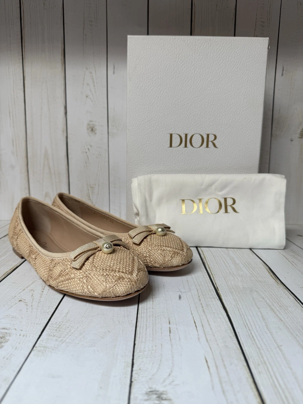 Ballet plat cannage raphia Christian Dior beige naturel taille 38 / 8
