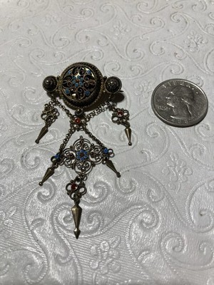 Marius Hammer Solje Brooch Pin 830S Filigree Blue Red Enamel Gilded Norway