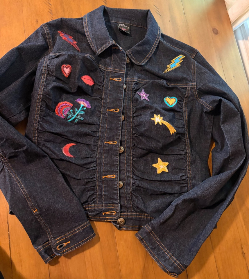 Vintage FUBU Ruched Denim Jacket Novelty Patches Dark Wash Tagged XL but SMALL
