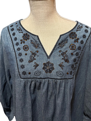 Cato Chambray Embroidered Peasant Tunic Top Womens 18/20W Boho Western