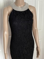 Vtg Alex Evenings 4 Black Lace Pearl Beaded Collar Sleeveless Cocktail Dress