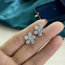 Flower Stud  Wedding Earrings 14K White Gold Finish 1.40Ct Lab Created Diamond