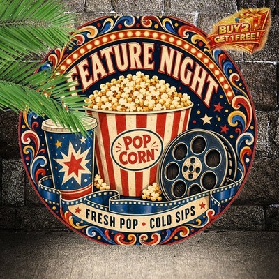 Cinema Popcorn Round Metal Sign 8x8 Movie Theater Wall Art