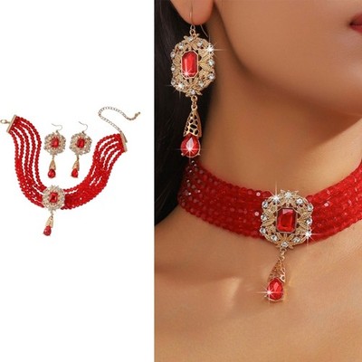 Waterdrop Crystals Multilayer Chokers Chain And Studs Earrings Pair