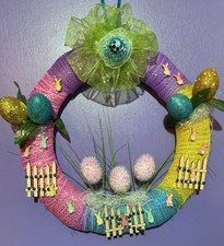 Handmade Easter Wreath With Deco Mesh, Hm Bow, Multicolored