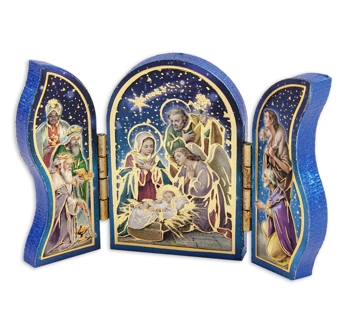 Nativity Scene Standing Blue Wood Triptych 2.5" x 1.75, Made in Hungary