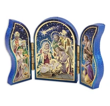 Nativity Scene Standing Blue Wood Triptych 2.5" x 1.75, Made in Hungary