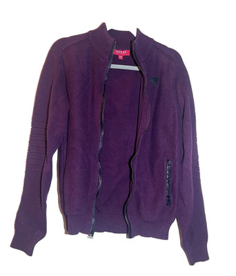 Guess Womens Sweater Jacket Size L Maroon Purple Full Zip Mock Neck E29