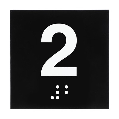 Exam Room Number Sign, 4'' x 4'' Number 2 Sign with Braille, White on Black