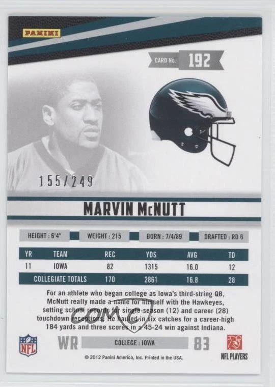 2012 Panini Rookies & Stars Rookie Longevity Parallel /249 Marvin McNutt #192 RC - Image 2 of 2