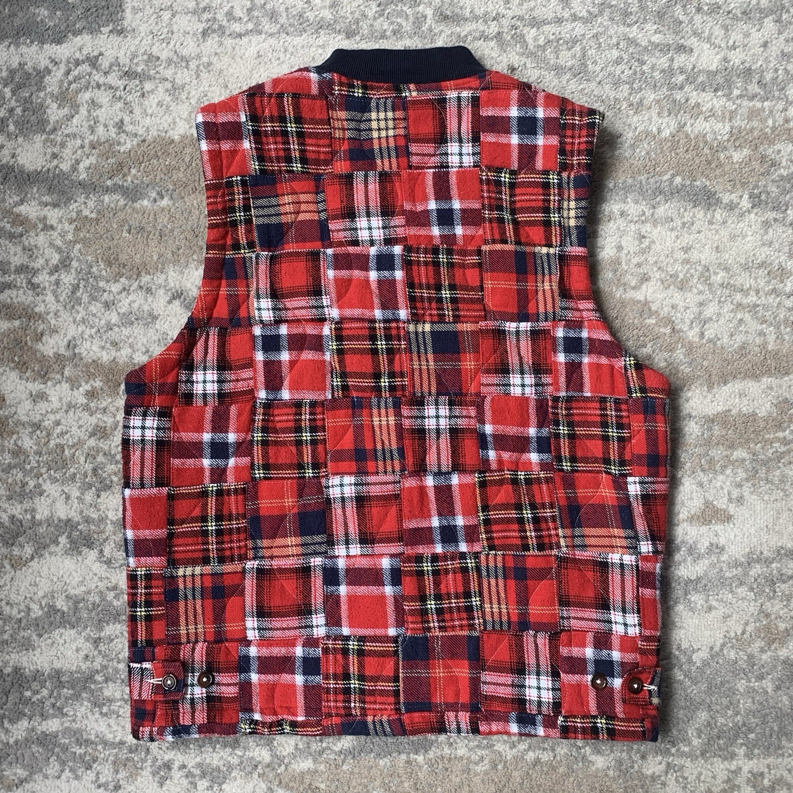 Universal Works Patchwork Vest Medium Red Navy Ch… - image 3