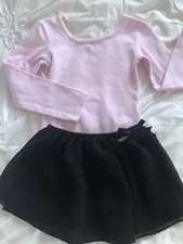 Danskin Girls XS 4-5 Pink Leotard Long Sleeve And Black Layered Skirt With Bow