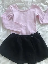 Danskin Girls XS (4-5) Pink Leotard Long Sleeve And Black Layered Skirt With Bow