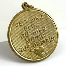 Vintage French Love Charm Necklace Pendant Brass Jewelry - Tarnished As Is