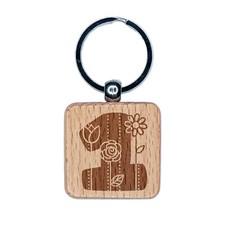 Sweet and Cute Flowers Rounded Block Number 1 One Engraved Wood Square Keychain